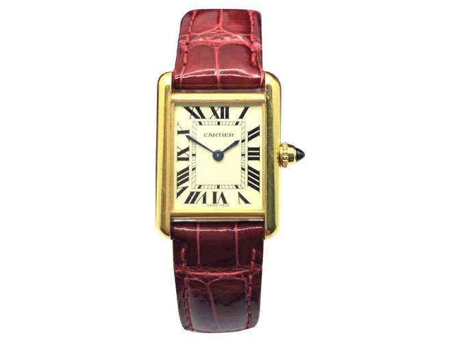 Reloj Cartier Tank Louis para mujer Dorado Burdeos Cuero  ref.130890
