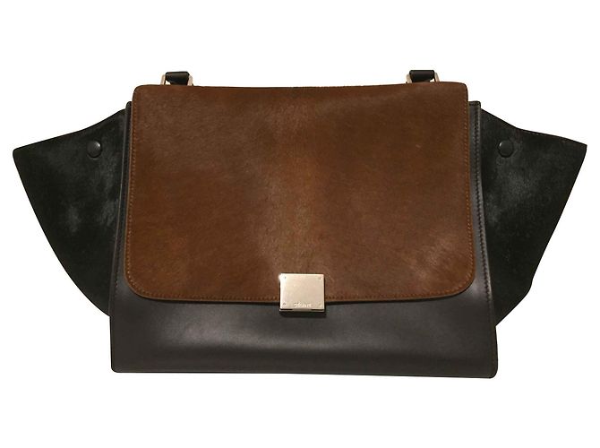 Bolsa Céline Trapeze de couro preto e pele marrom