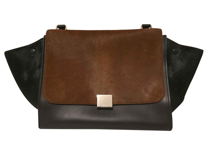 Céline Handbags Brown Black Leather Fur  ref.130972