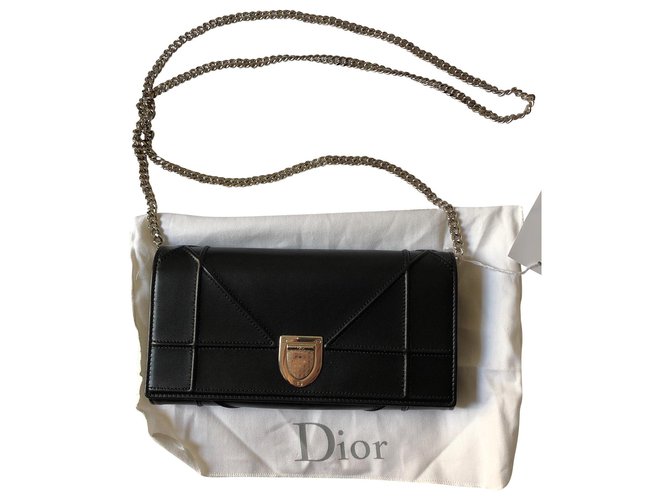 Christian Dior Diorama Grand Portefeuille Sur Chaîne Cuir Noir  ref.131026