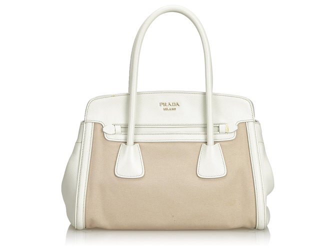 Prada Brown Saffiano Trimmed Canvas Handbag White Beige Leather Cloth Cloth  ref.131093