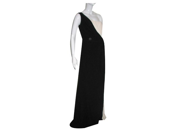 Escada Vestido de seda preto e marfim de um ombro Creme