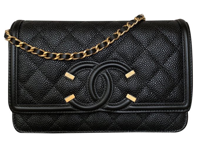 Wallet On Chain Chanel Black Filigree Caviar WOC Leather ref