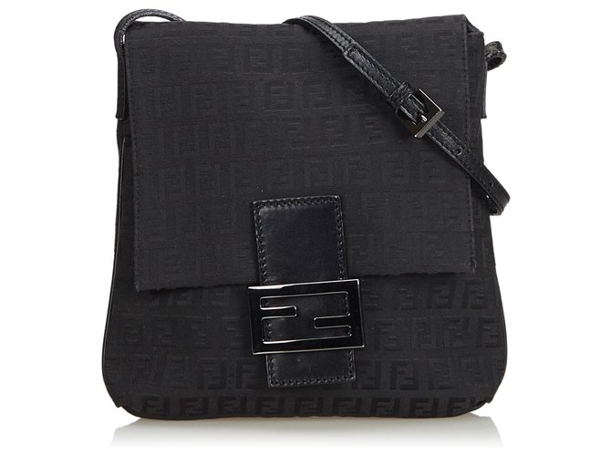 Fendi Black Zucchino Jacquard Crossbody Bag Leather Cloth  ref.131359
