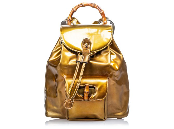 Gucci Gold Bamboo Leather Drawstring Backpack Golden  ref.131413