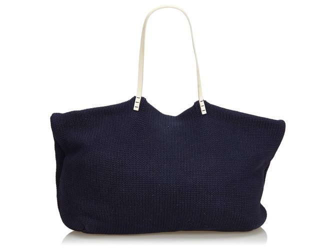 Fendi Blue Wool Tote Bag White Cream Navy blue Leather Cloth  ref.131629
