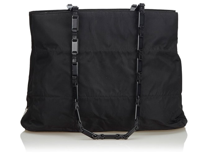 Prada Black Nylon Chain Tote Bag Leather Cloth  ref.131647