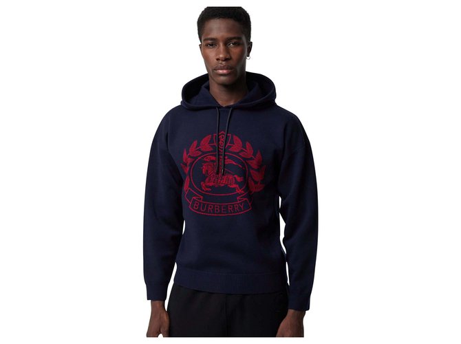 burberry Mixed merino wool jacquard hoodie with badge Red Blue  ref.131693