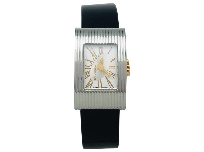 Boucheron Watch, model "Reflection", steel and yellow gold on leather.  ref.131756