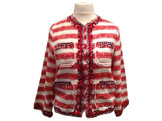 D&G Red Striped Tweed Jacket White Navy blue Silk Cotton Viscose  ref.131780
