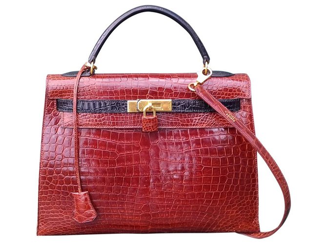 Hermès Kelly handbag 32 Vintage Etruscan and Black Crocodile Bicolor Sellier Light brown Exotic leather  ref.131814