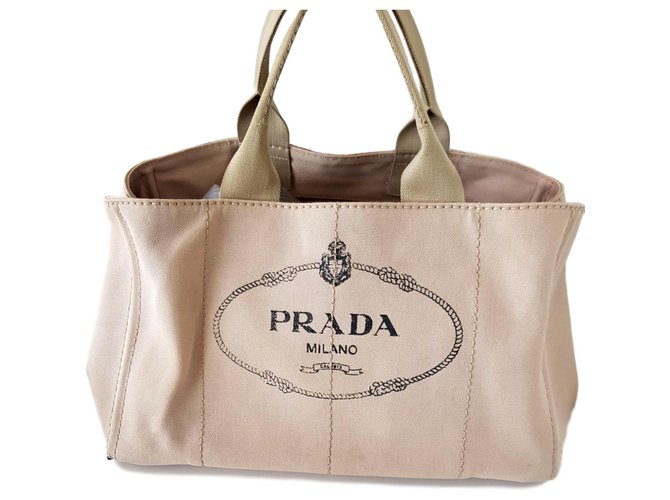 Prada Jacquard Logo Canapa Beige Canvas Tote Hand Bag  - Joli  Closet