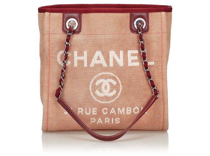 Sac cabas rose Deauville Chanel Cuir Toile Tissu Rouge  ref.132491