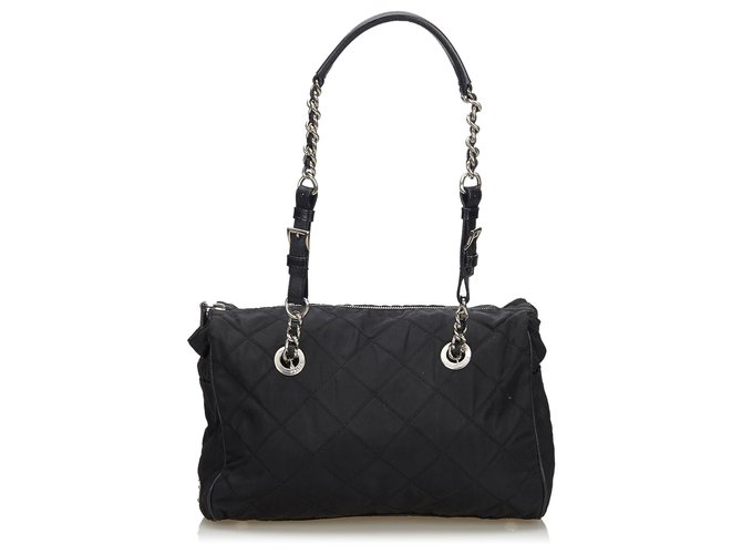 Prada Black Nylon Chain Tote Bag Leather Cloth  ref.132500