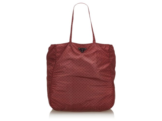 Tote bag in nylon stampato rosso Prada Panno  ref.132801