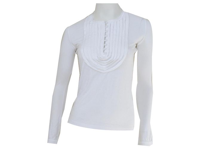 Céline Langarm T-Shirt Weiß Viskose & Casmere Größe S KLEIN