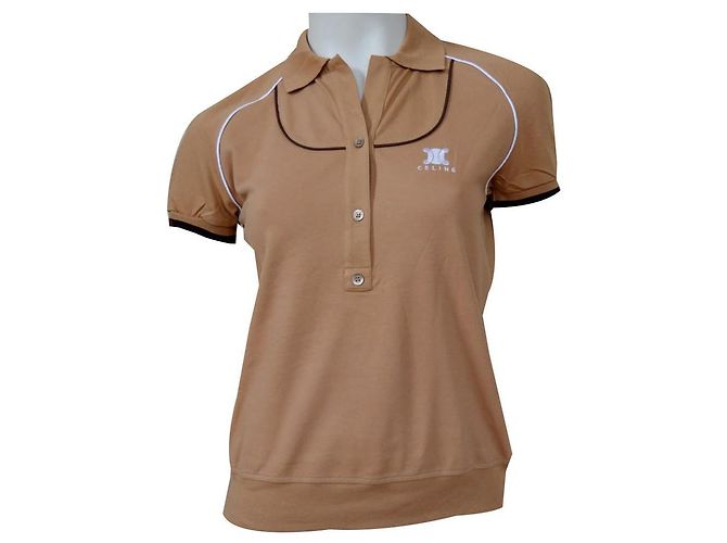 Céline Polo in cotone a maniche corte in piquet di cotone Camel CELINE Top Size M MEDIUM Caramello