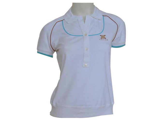Céline CELINE White Cotton Pique Short Sleeve Polo Shirt Top Size M MEDIUM Elastane  ref.132941