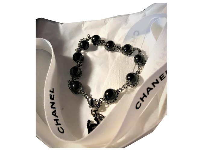 Magnifique Bracelet Chanel en métal avec 10 Perles en Onyx Acier Noir  ref.132967
