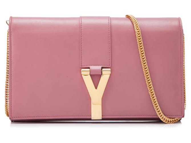 Yves Saint Laurent Portefeuille YSL Rose Classic Small Y sur chaîne Cuir Veau façon poulain  ref.133038