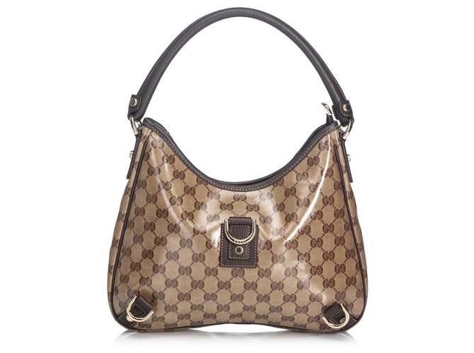 Gucci Brown GG Crystal Abbey Handbag Beige Dark brown Leather Cloth Cloth  ref.133057