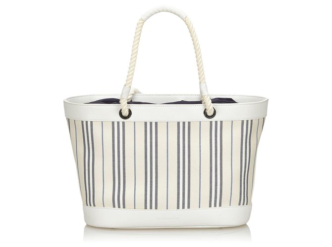 Burberry Sac cabas en toile à rayures blanches Cuir Tissu  ref.133242