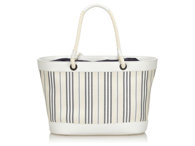 Burberry White Stripes Canvas Tote Bag Leather Cloth Cloth  ref.133242