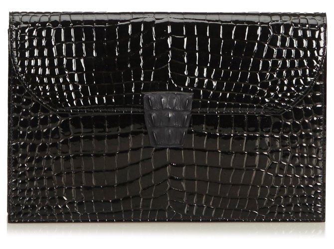 Yves Saint Laurent YSL Black Embossed Patent Leather Clutch  ref.133245