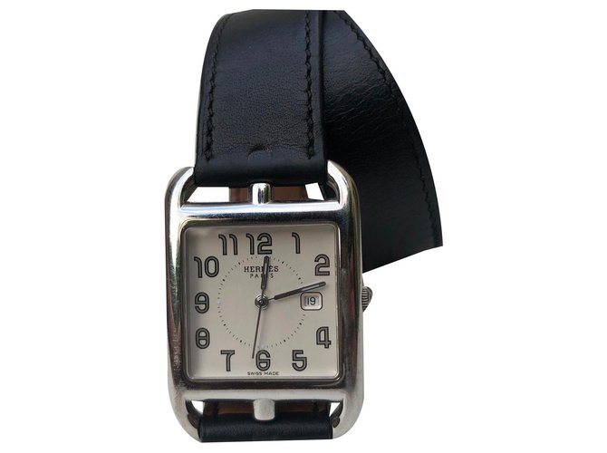 Hermès Hermes Cape Cod alineado reloj de la torre Negro Plata Cuero Acero  ref.133264