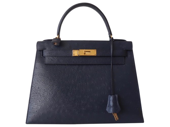 Hermès Hermes Kelly Tasche 28 Strauß Marineblau Exotisches Leder  ref.133357