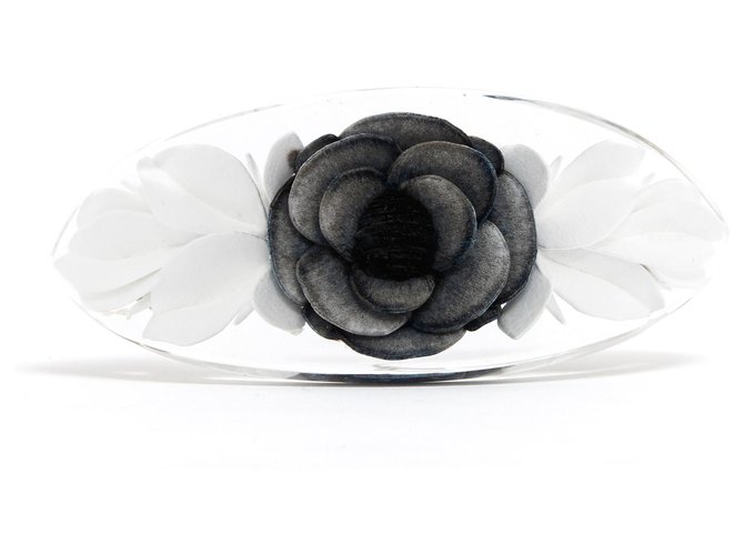 Chanel BLACK CAMELIA HAIRCLIP Preto Branco Plástico  ref.133427