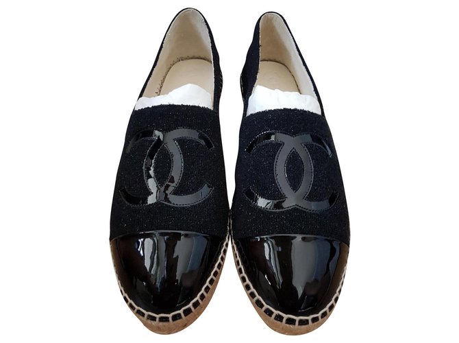 CHANEL Alpargatas Pisos 40/41 Negro Cuero Lienzo  ref.133784