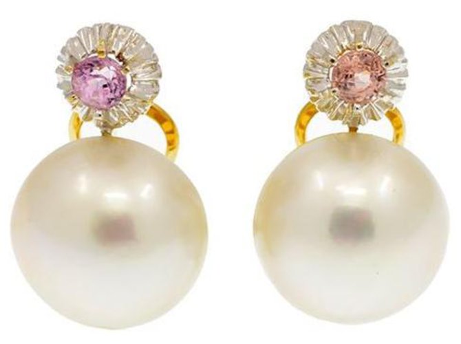 Autre Marque Yellow and white gold earrings 18k / 750 with Japanese pearls and sapphires Roses Pink Yellow gold  ref.133823