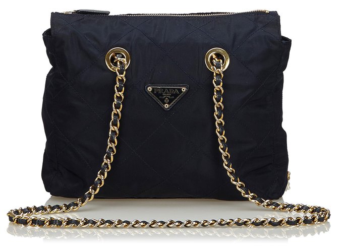 Prada Blue Nylon Chain Shoulder Bag Navy blue Leather Cloth  -  Joli Closet