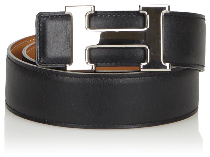 Hermès Cinturón de cuero negro Hermes Constance Plata Metal  ref.133868