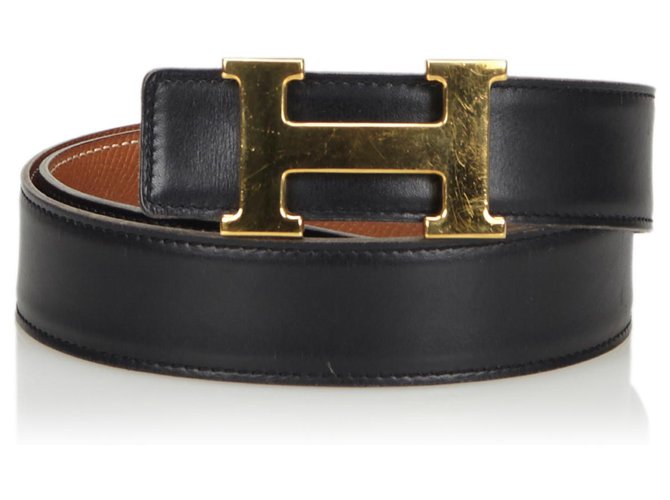 Hermès Cinturón de cuero negro Hermes Constance Dorado Metal  ref.133892