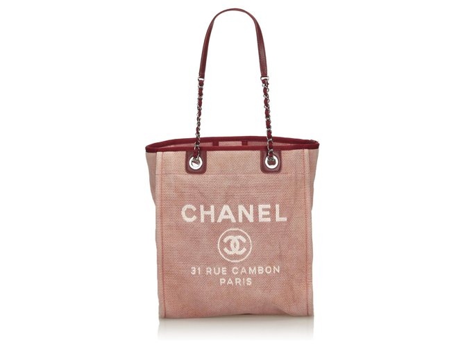 Sac cabas Chanel Rose Deauville Cuir Toile Tissu Rouge  ref.134100