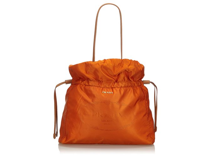 Prada Orange Nylon Drawstring Shopper Tote Bag Brown Light brown Leather Cloth  ref.134107