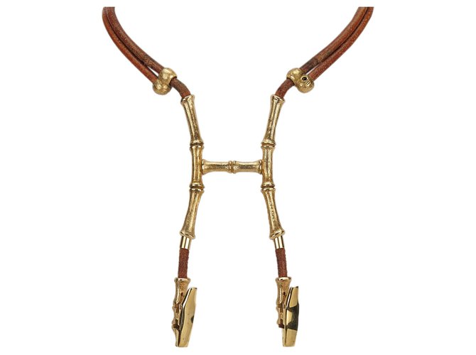 Collier Hermès Bambou Marron Cuir Métal Doré  ref.134117