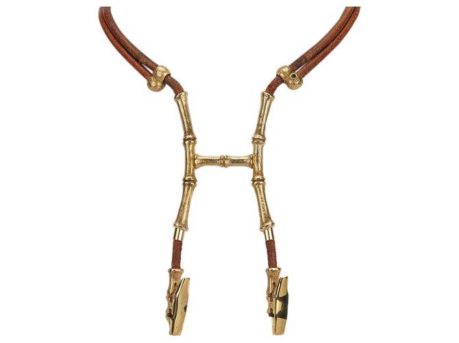 Hermès Hermes collar de cabestro de bambú marrón Castaño Dorado Cuero Metal  ref.134117