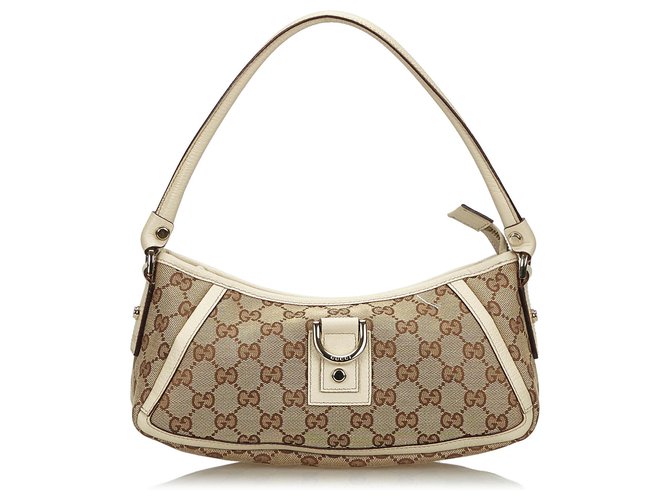 Gucci Brown GG Canvas D-Ring Abbey Baguette White Beige Cream Leather Cloth Cloth  ref.134132