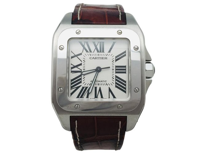 Modelo de relógio Cartier "Santos 100"aço em couro.  ref.134349