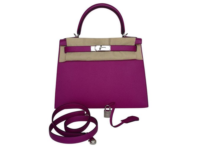 Hermès Kelly Sellier handbag 28 cm Leather Epsom Rose Purple Palladium Full set Pink  ref.134360