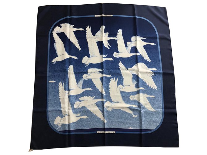 Hermès Les oiseaux migrateurs Soie Bleu Marine  ref.134625