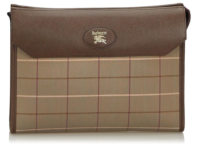 Burberry Brown Plaid Canvas Clutch Bag Braun Khaki Leder Leinwand Tuch  ref.134681