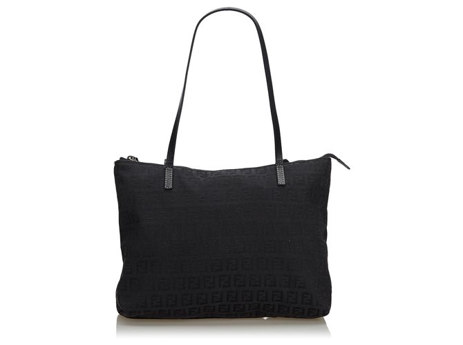 Fendi Black Zucchino Canvas Tote Bag Leather Cloth Cloth  ref.134700