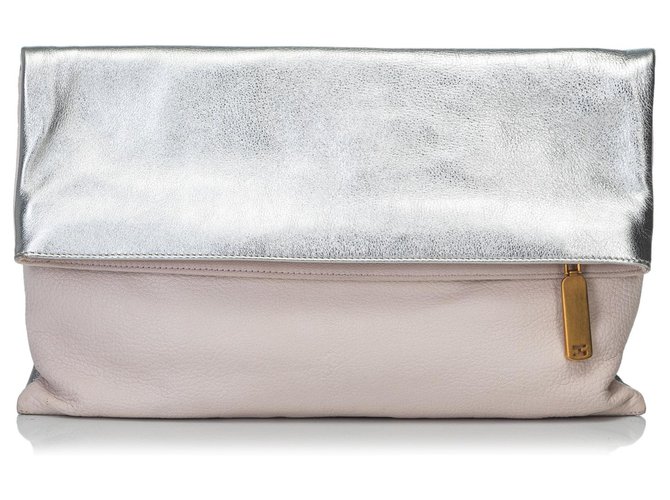 Fendi Pink Bicolor Fold-Over Clutch Bag Silvery Leather  ref.134709