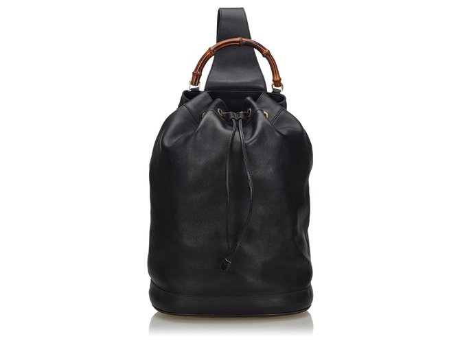 Gucci Black Bamboo Leather Drawstring Backpack  ref.134731