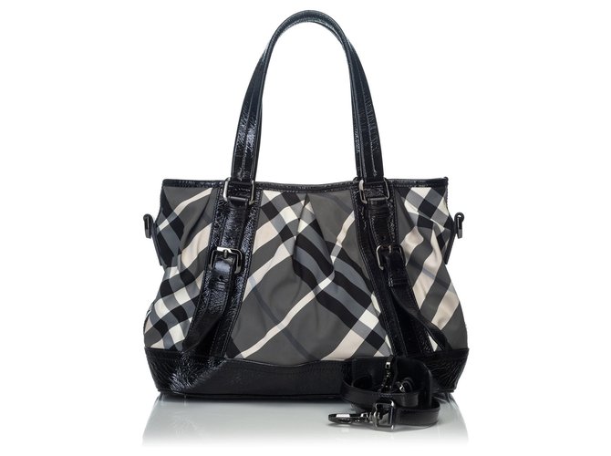 Burberry Black Beat Check Lowry Canvas Tote Bag Grey Leather Cloth Cloth  ref.134749