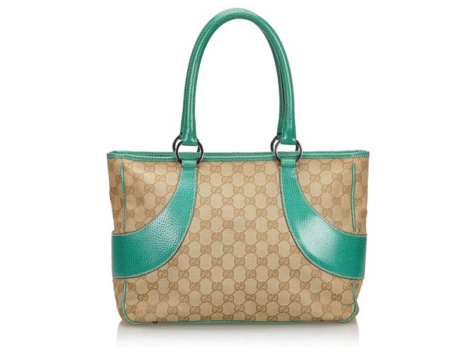 Gucci Brown GG Canvas Tote Bag Beige Green Leather Cloth Cloth  ref.134884